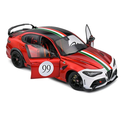 Red diecast model racing car with number 99, Italian flag stripes, open doors, collectible toy