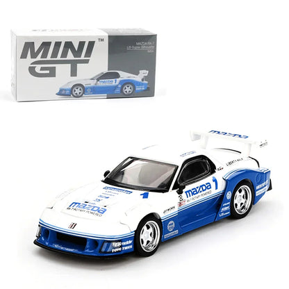 MINI GT 1:64 Mazda RX-7 LB-Super Silhouette IMSA – White / Blue - Jaiman Toys