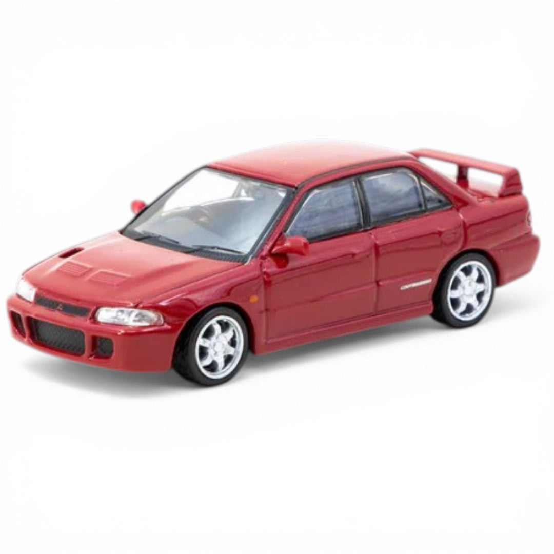 Tarmac Works GLOBAL64 1:64 Mitsubishi Lancer GSR Evolution II Red Diecast Model Car with Trading Cards Set (T64G-049-RE)