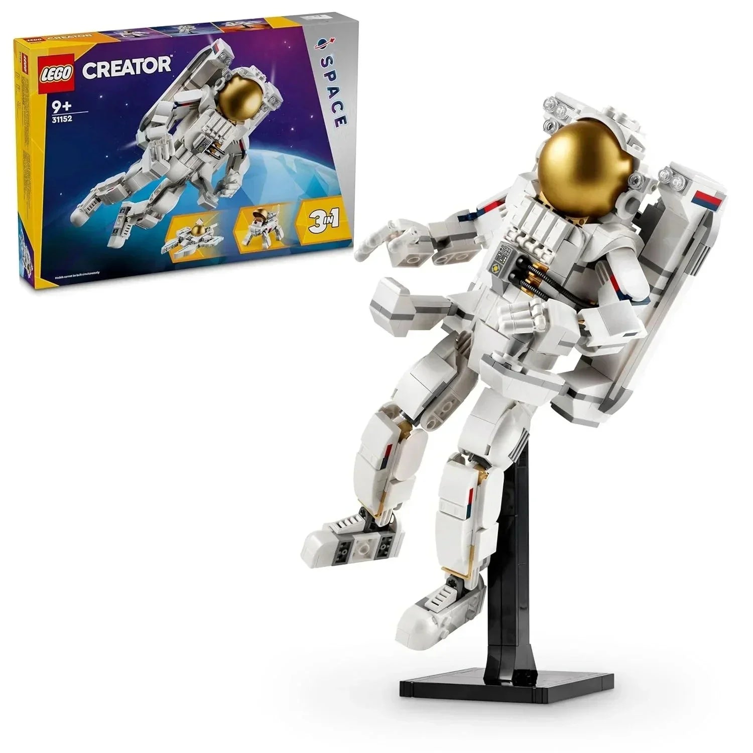 LEGO Creator 3-in-1 space astronaut building toy set with display stand and box
