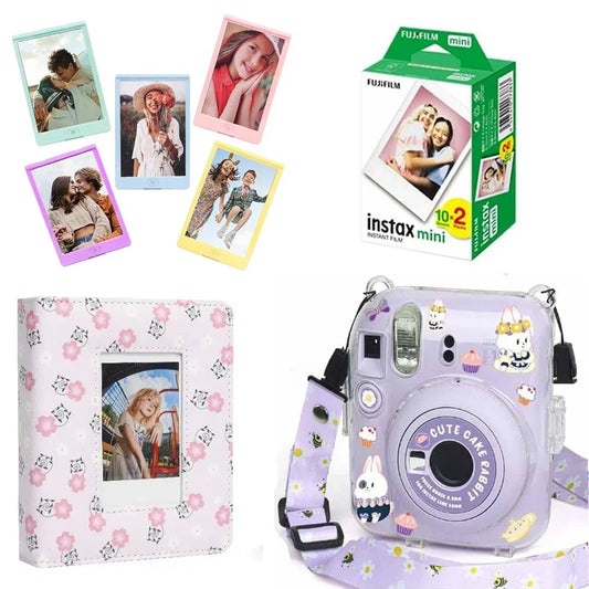 Cute pastel Instax mini camera with decorative case, photo album, film pack and colorful instant photos.