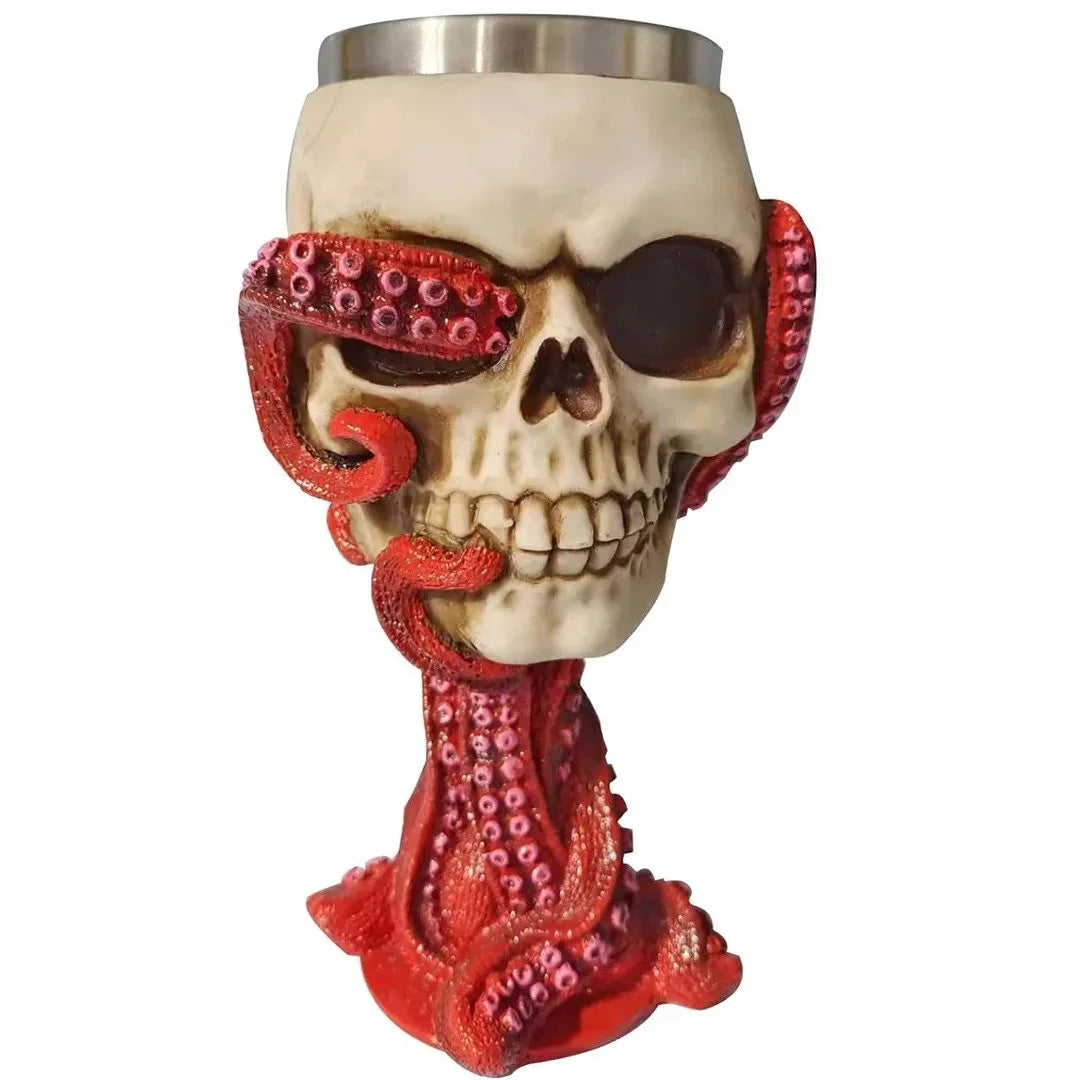 Skull-shaped novelty cup with red octopus tentacles wrapping around it