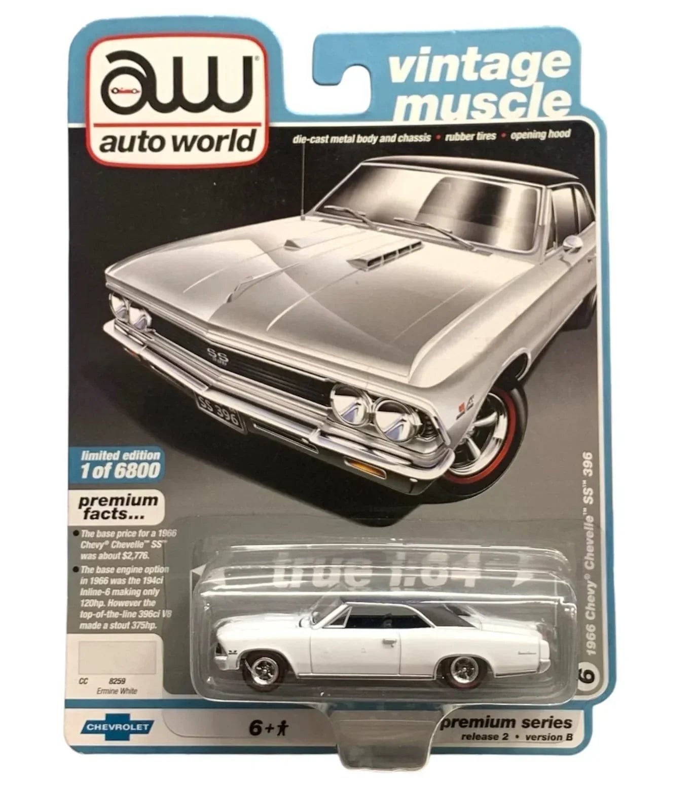 Auto World Vintage Muscle Release 2 Version B 1966 Chevy Chevelle SS 396 Ermine White 183G - Jaiman Toys