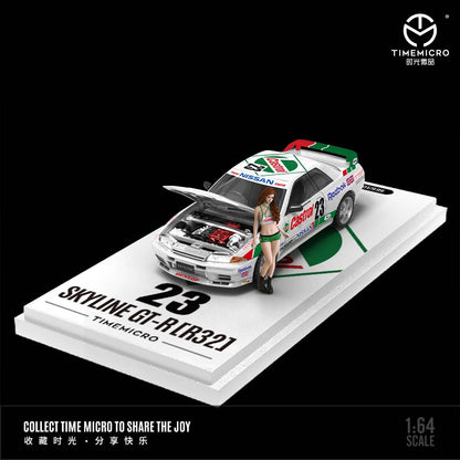 Time Micro Nissan Skyline GT-R R32 Castrol No.23 Figure Edition 1:64 Scale Diecast Model Car | Opening Hood | Display Base, Acrylic Case & Figure Included | 14+