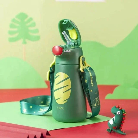 Kids Dino Water Bottle with One-Touch Flip Lid and Straw, Stainless Steel Bottle 400 ML (Green) - Jaiman Toys