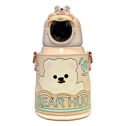 Bear Hug Stainless Steel Digital Water Bottle For Kids with carry bag, additional cup and sipper 500 ML (Pink) - Jaiman Toys
