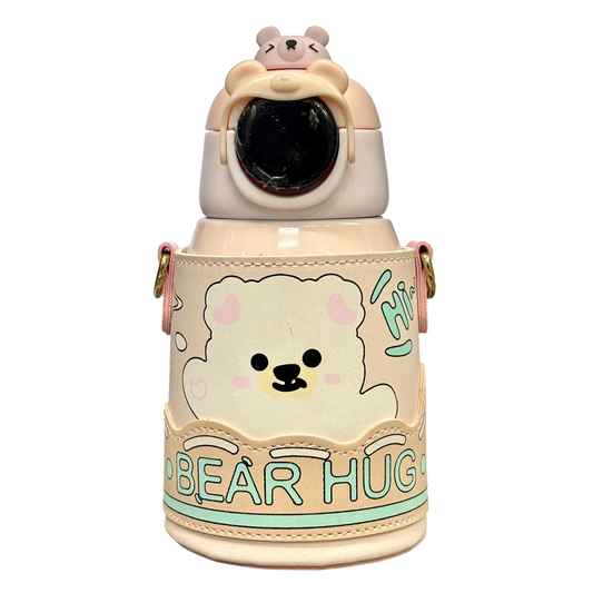 Bear Hug Stainless Steel Digital Water Bottle For Kids with carry bag, additional cup and sipper 500 ML (Pink) - Jaiman Toys