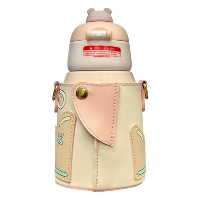 Bear Hug Stainless Steel Digital Water Bottle For Kids with carry bag, additional cup and sipper 500 ML (Pink) - Jaiman Toys