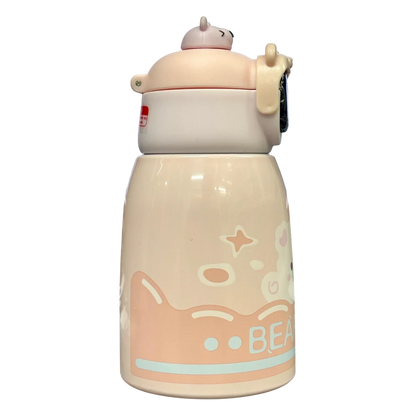 Bear Hug Stainless Steel Digital Water Bottle For Kids with carry bag, additional cup and sipper 500 ML (Pink) - Jaiman Toys