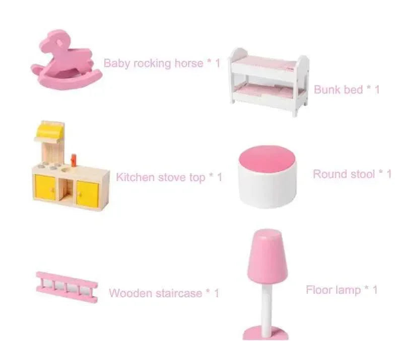 Dreamy Hearts Wooden Dollhouse – Multi-Story Pretend Play Villa with Furniture - Jaiman Toys