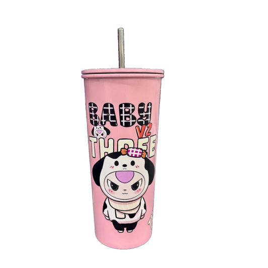 BABY THREE Colorful Stainless Steel Water Bottle – 500ml Pink| With Lid & Metal Straw | Cute Character Design - Jaiman Toys