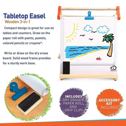 Discovery Kids Wooden 3-in-1 Tabletop Easel | Dry Erase Board, Chalkboard & Paper Roll | Kids Art & Learning Station (Accessories Included)