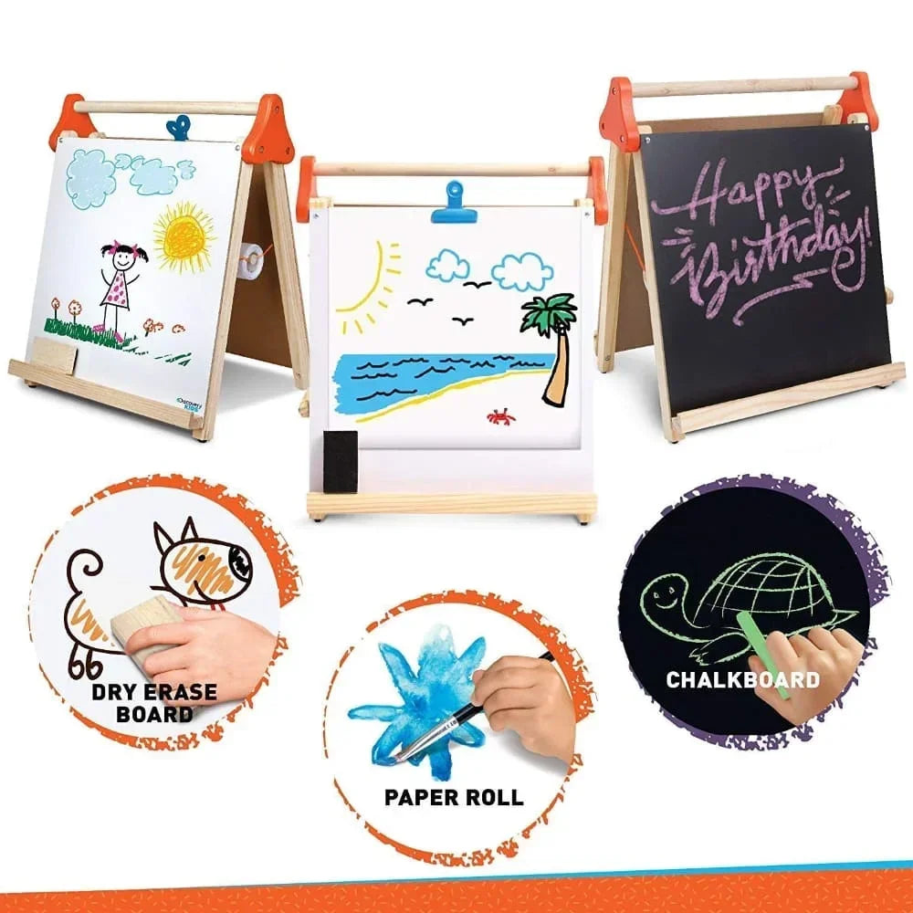 Discovery Kids Wooden 3-in-1 Tabletop Easel | Dry Erase Board, Chalkboard & Paper Roll | Kids Art & Learning Station (Accessories Included)