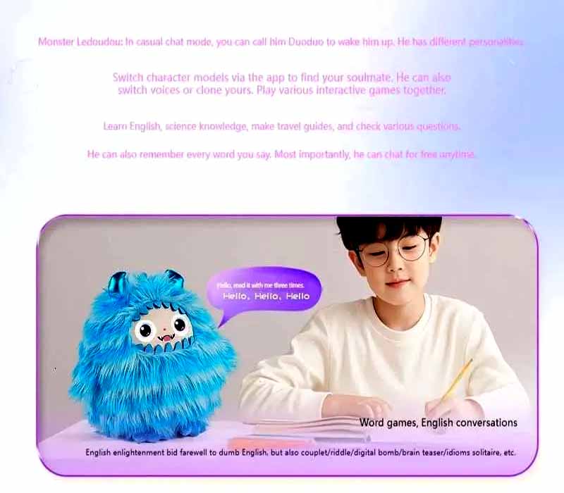 Monster Ledodo AI Interactive Plush Toy with LED Eyes | Smart AI Companion | App-Controlled Talking Plush | 9-Inch Soft Plush Robot | Intelligent Voice Interaction | Blue Monster