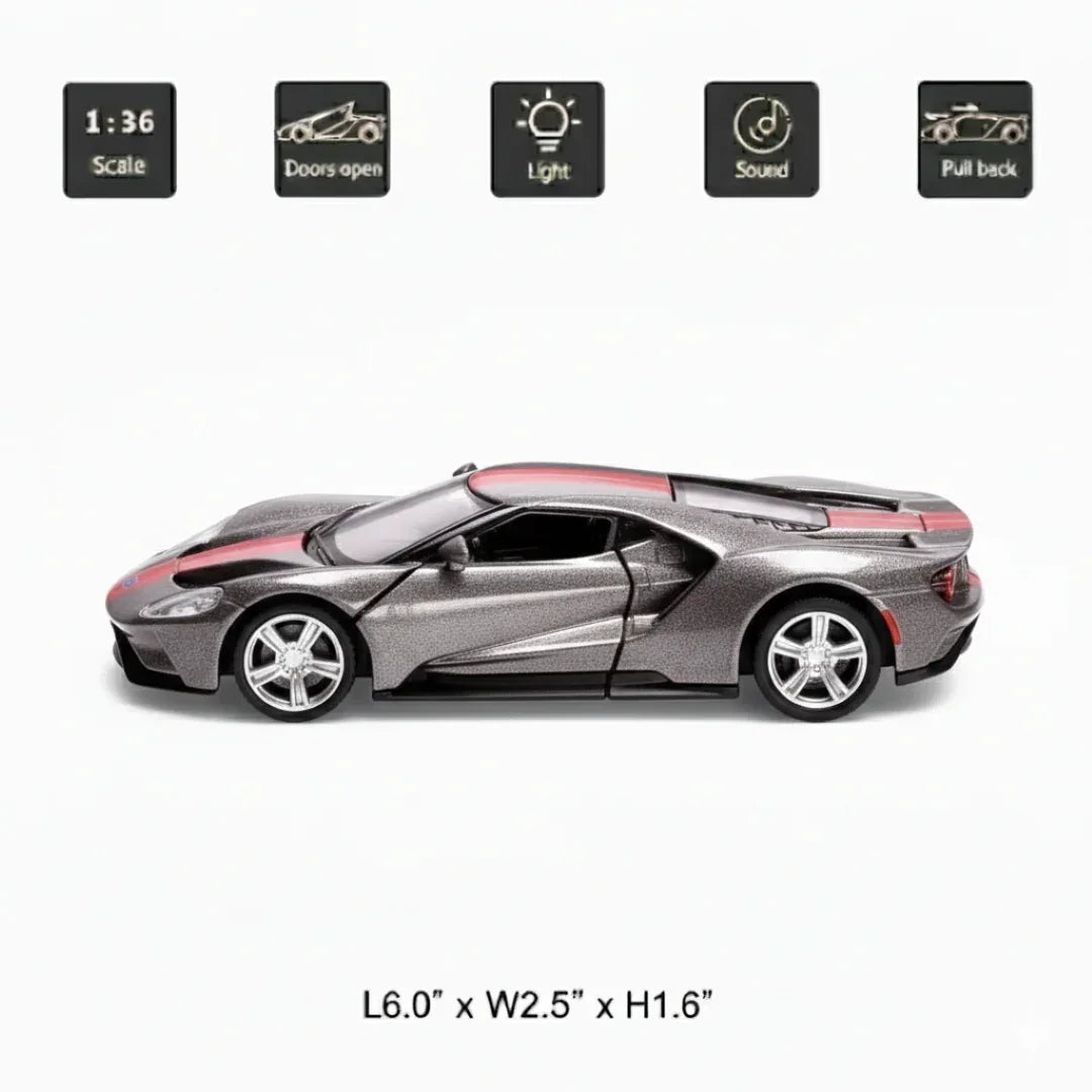 RMZ City Ford GT 1:36 Die-Cast Sports Car | Pull Back & Go | Openable Doors | Blue / Grey Variants