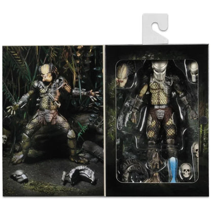 Predator action figure collectible in box with accessories and jungle-themed background