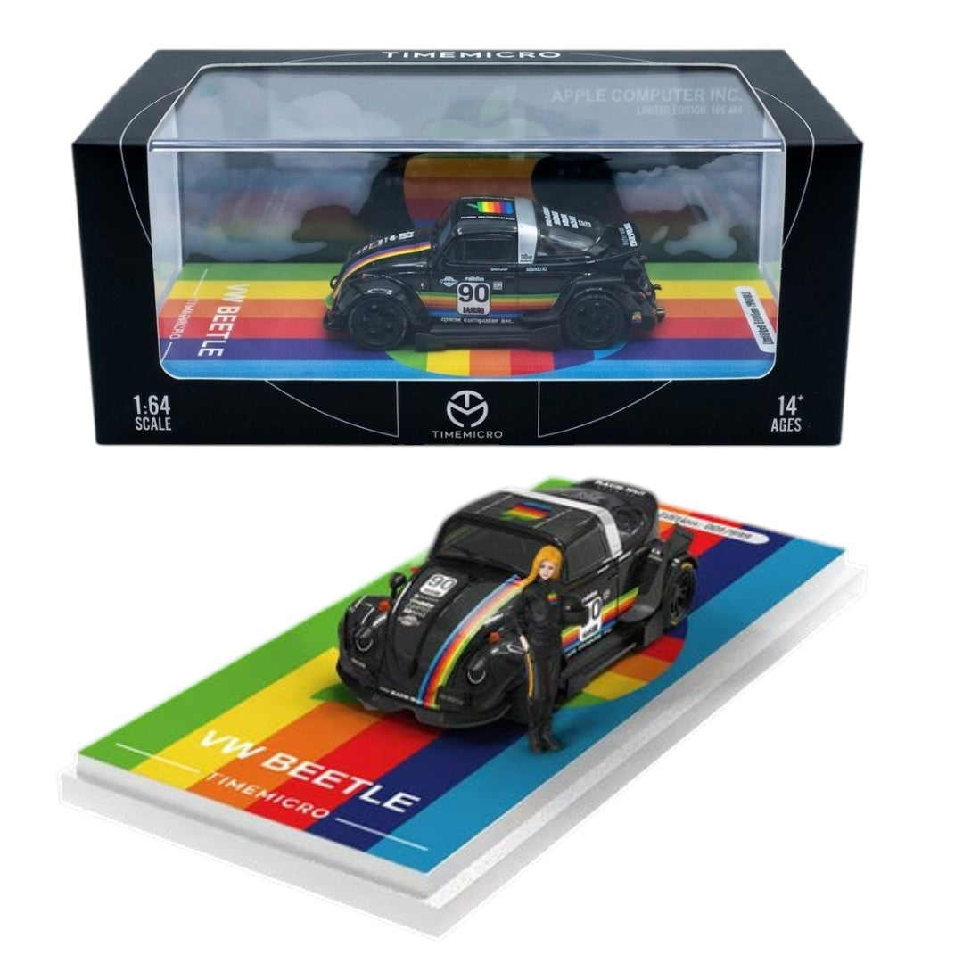 Time Micro Volkswagen Beetle Apple #90 Black Figure Edition 1:64 Scale Diecast Model Car | Premium Metal Collector Car | Display Base, Acrylic Case & Collector Figure Included | Limited Edition | 14+