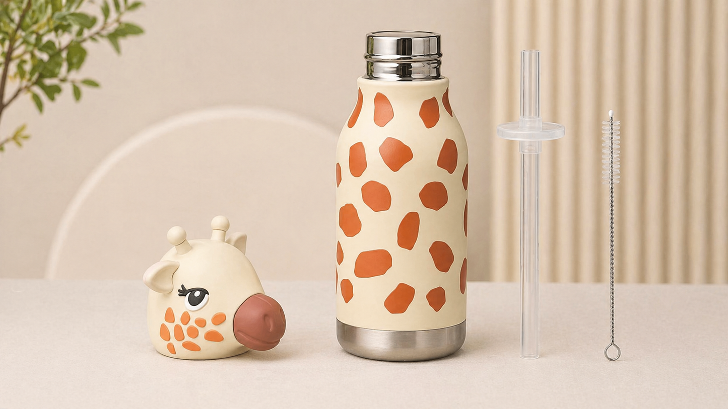 Afresh 365 Giraffe Animal Head Insulated Kids Water Bottle 450ml (16oz) | Stainless Steel Straw Bottle