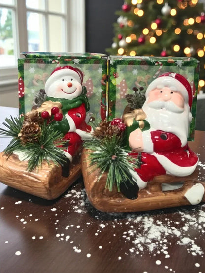 Ceramic Santa on Sled Christmas Figurine – Festive Table Décor with Pinecones & Berries | Holiday Home Decoration (1 Piece)