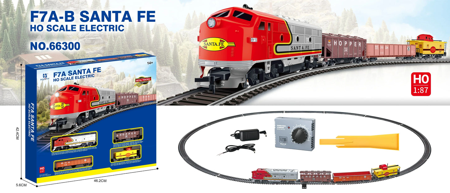 HANFLY-66300 F7A Santa Fe HO Scale Electric Train Set with Freight Cars & Metal Tracks – 1:87 Realistic Railway Model-