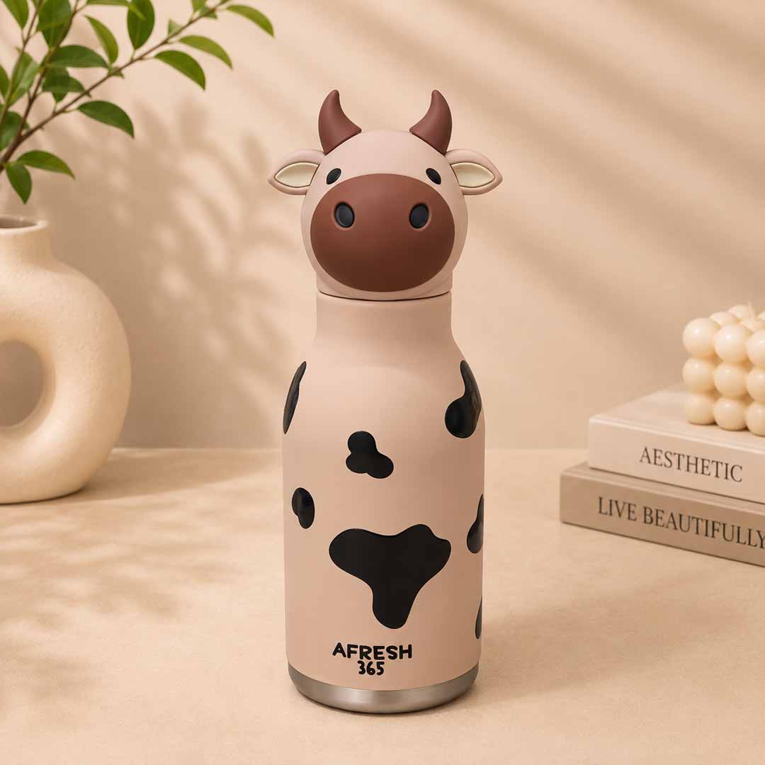 AFRESH 365 Animal Head Collection Cow Stainless Steel Vacuum Insulated Water Bottle 450ml (16oz) with Straw, Cleaning Brush & Carry Strap