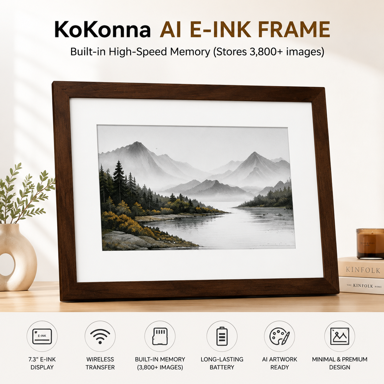 AI Art Frame 7.3" Classic Wooden Frame | Full-Color E Ink Spectra™ 6 Digital Picture Frame | Wi-Fi & Bluetooth | Wireless Battery Powered | Smart Art Display | 3,800+ Image Storage