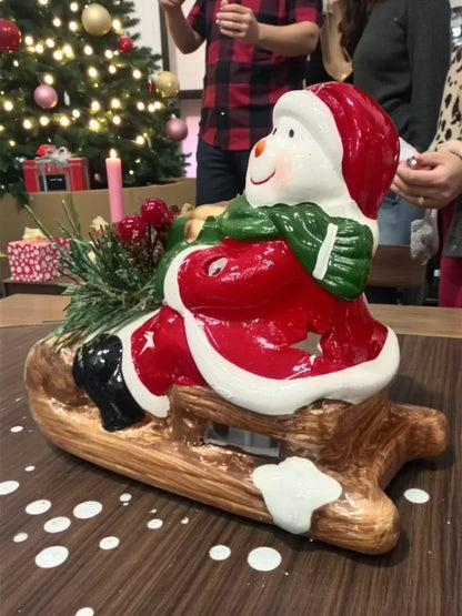 Ceramic Santa on Sled Christmas Figurine – Festive Table Décor with Pinecones & Berries | Holiday Home Decoration (1 Piece)