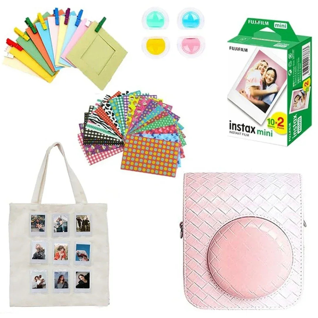 Instax mini camera accessories kit with photo album, colorful frames, filters, tote bag, and film pack