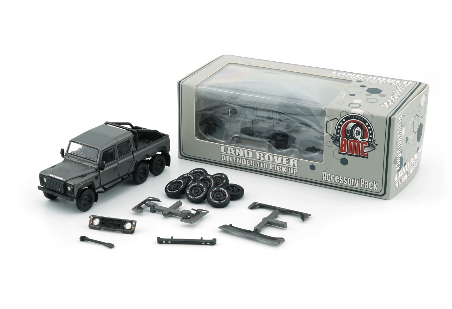BMC 1/64 Land Rover 2016 Defender 110 Pick Up -6x6 Acc Pack - Dark Grey Silver (RHD)-Diecast Car - Jaiman Toys