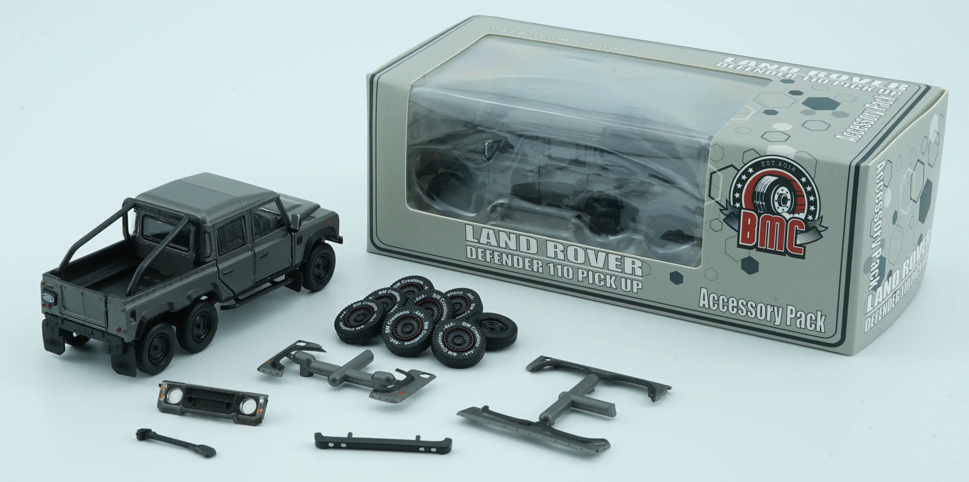 BMC 1/64 Land Rover 2016 Defender 110 Pick Up -6x6 Acc Pack - Dark Grey Silver (RHD)-Diecast Car - Jaiman Toys