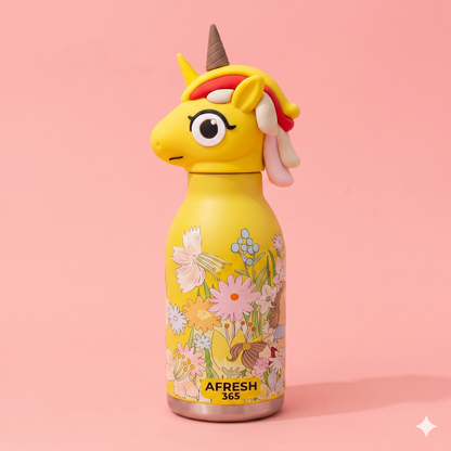AFRESH 365 Unicorn Collection Stainless Steel Vacuum Insulated Water Bottle 450ml (16oz) with Straw & Cleaning Brush | Kids Water Bottle | 3 Color Variants