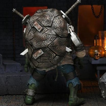 Action figure of a mutant turtle warrior with dual swords in a dark, dungeon-themed setting.