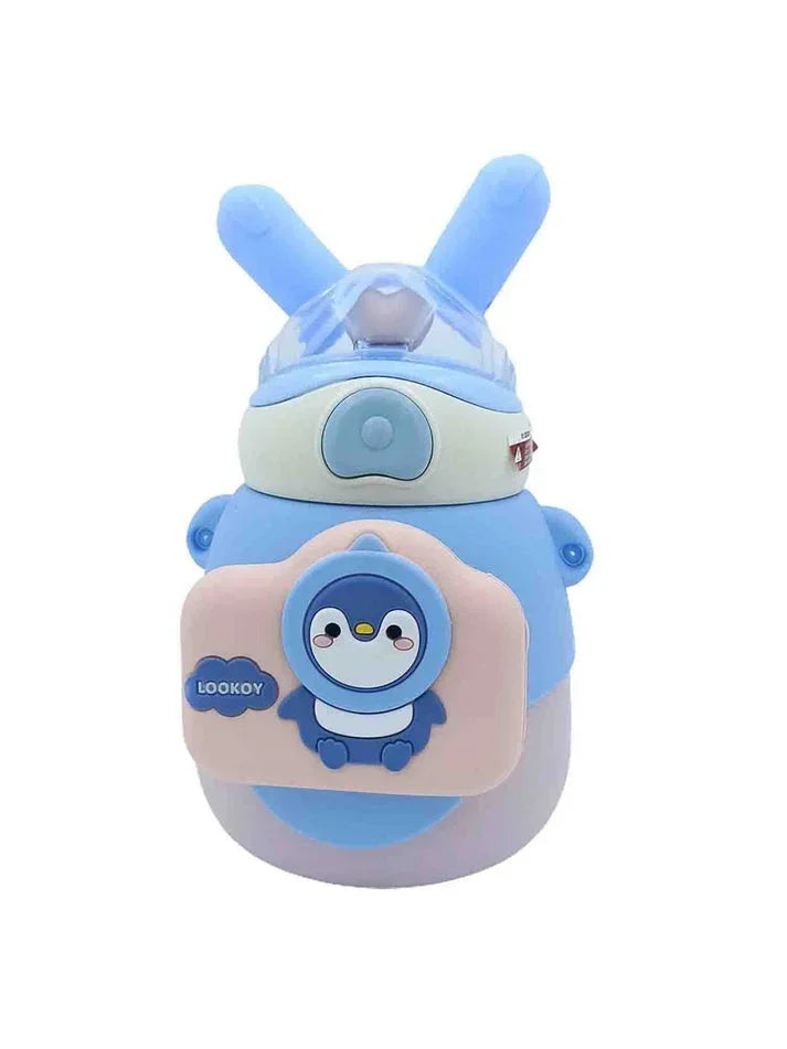 Lookoy Penguin Stainless Steel Water Bottle With Straw 550 ML (Blue) - Jaiman Toys