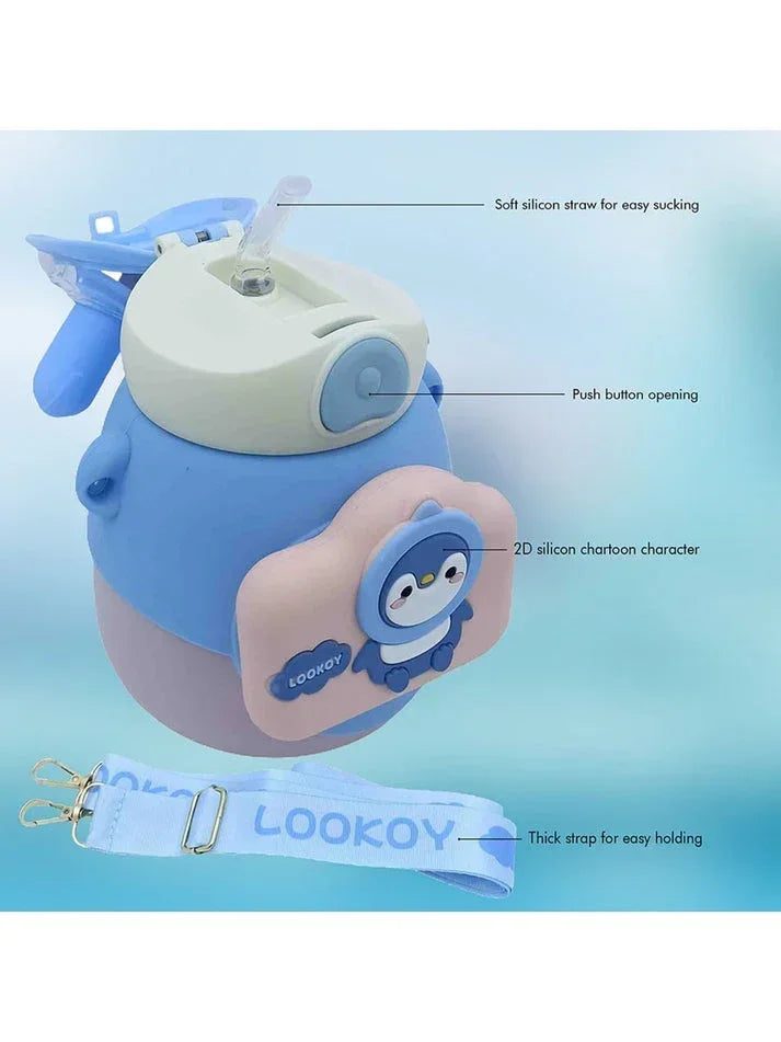 Lookoy Penguin Stainless Steel Water Bottle With Straw 550 ML (Pink) - Jaiman Toys
