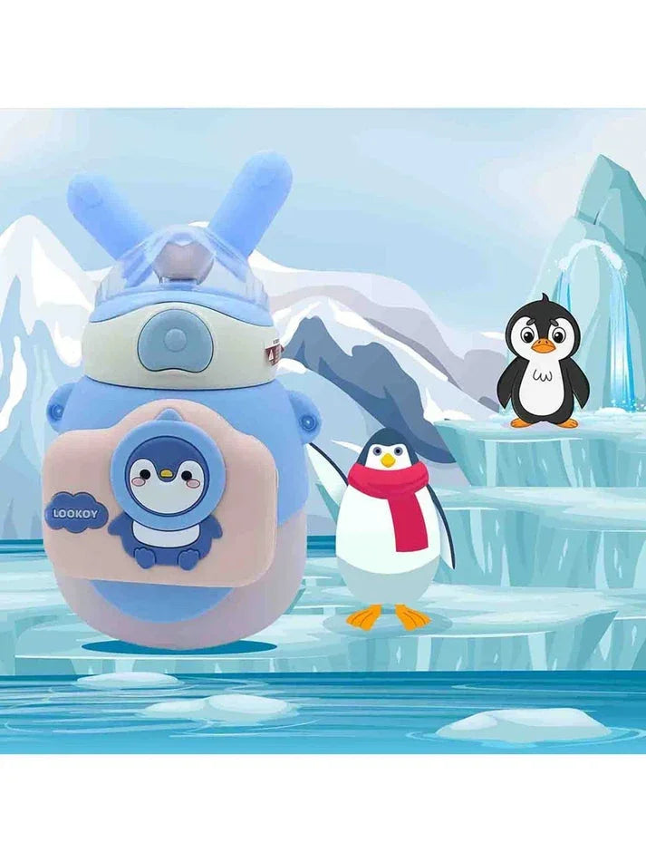 Lookoy Penguin Stainless Steel Water Bottle With Straw 550 ML (Blue) - Jaiman Toys