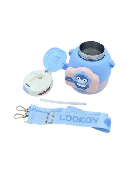 Lookoy Penguin Stainless Steel Water Bottle With Straw 550 ML (Blue) - Jaiman Toys