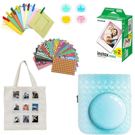 Instax mini camera accessory kit with photo frames, film pack, decorative stickers, tote bag, and blue camera case