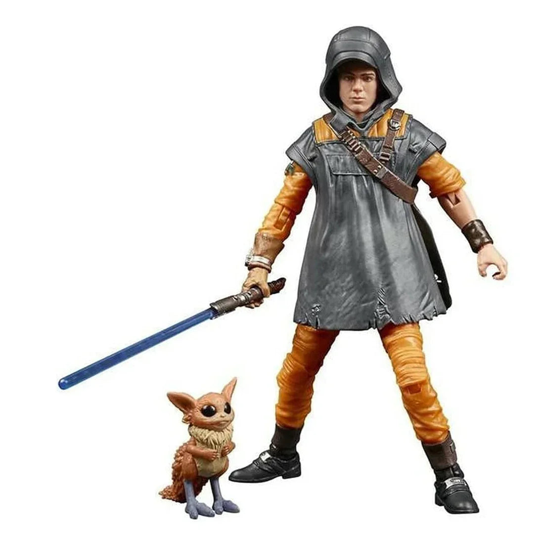 Action figure with lightsaber, wearing gray hooded cloak and orange outfit, with small creature companion.