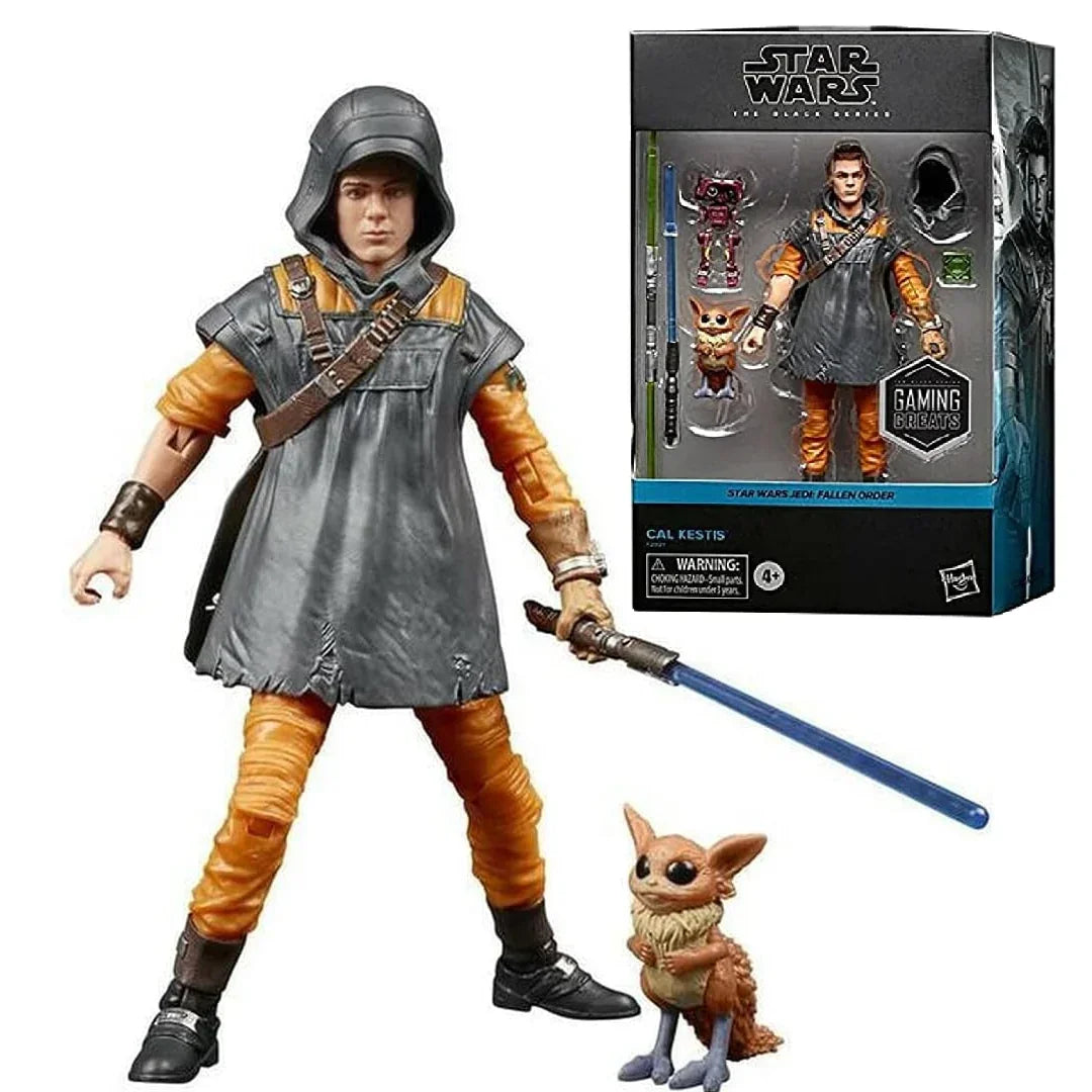 Star Wars Cal Kestis action figure with lightsaber, small creature, and original packaging.