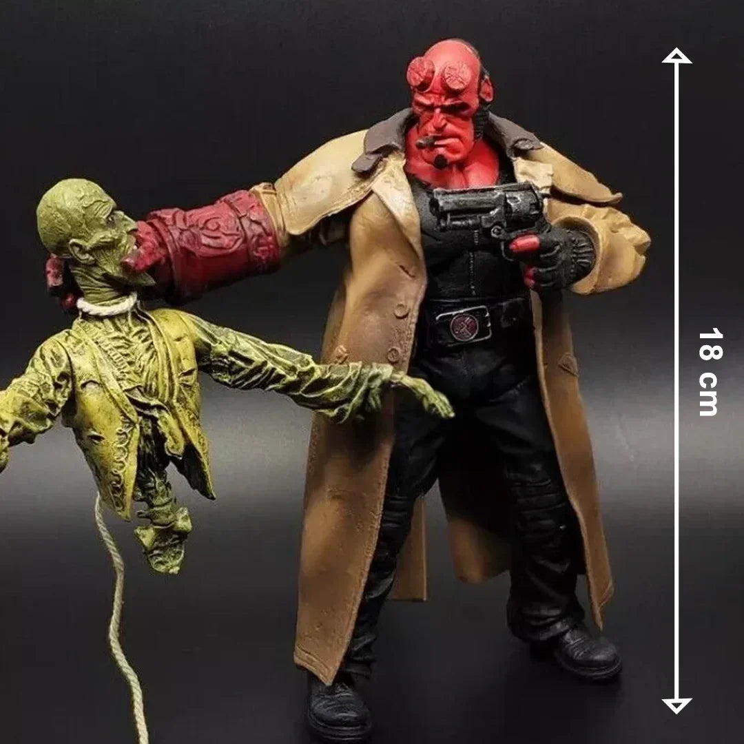 18 cm action figure of red-skinned hero in a trench coat holding a zombie figure