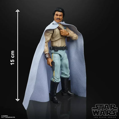 Star Wars Black Series action figure of Lando Calrissian, 15 cm tall, holding a blaster.