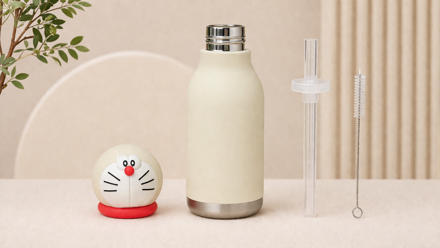 Afresh 365 Doraemon Character Head 450ml Insulated Stainless Steel Kids Water Bottle with Straw | 16oz Vacuum Flask