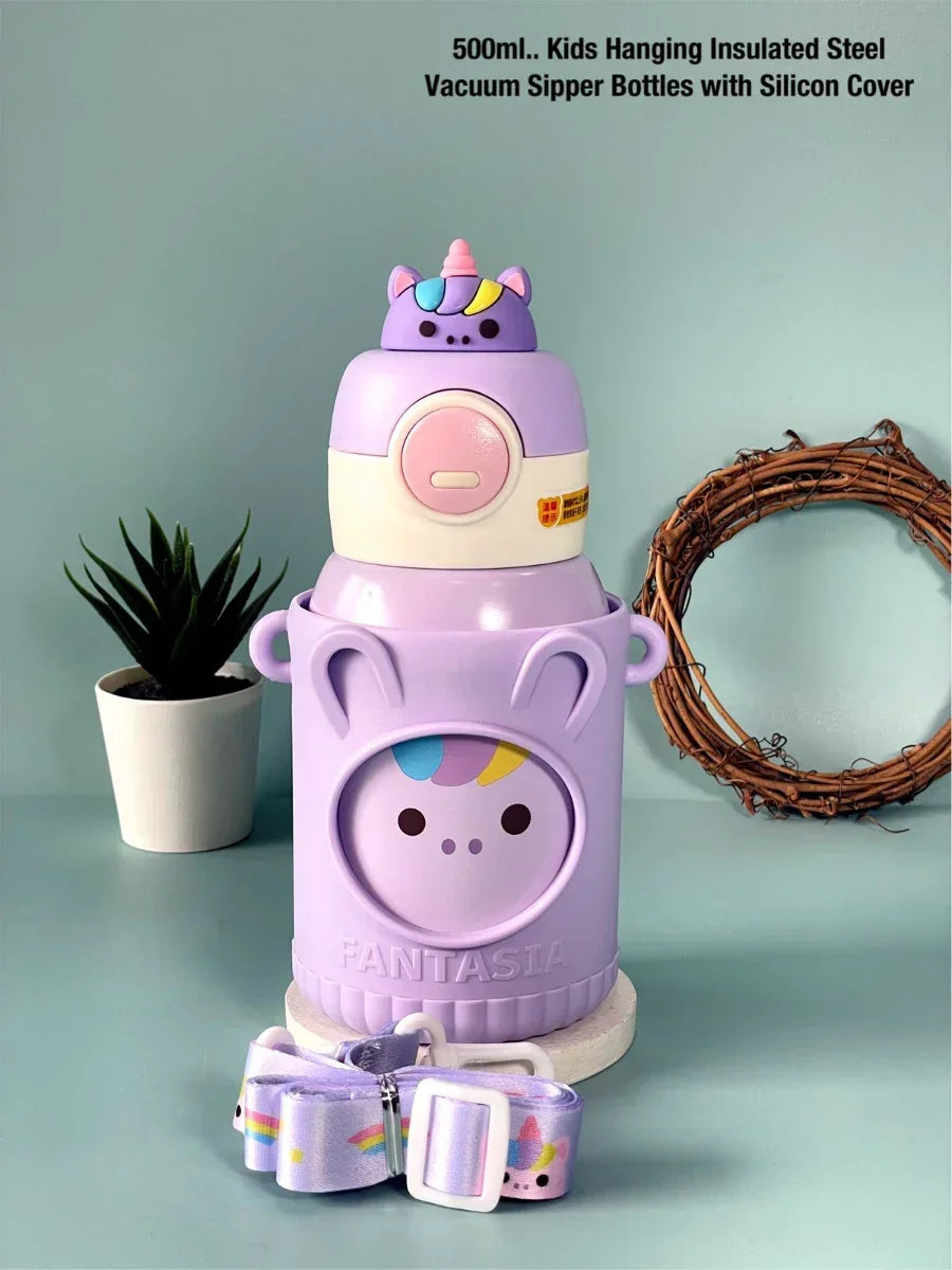 Cute Premium Kids Insulated Water Bottle Stainless with Silicon Cover 500 ML (Purple) - Jaiman Toys