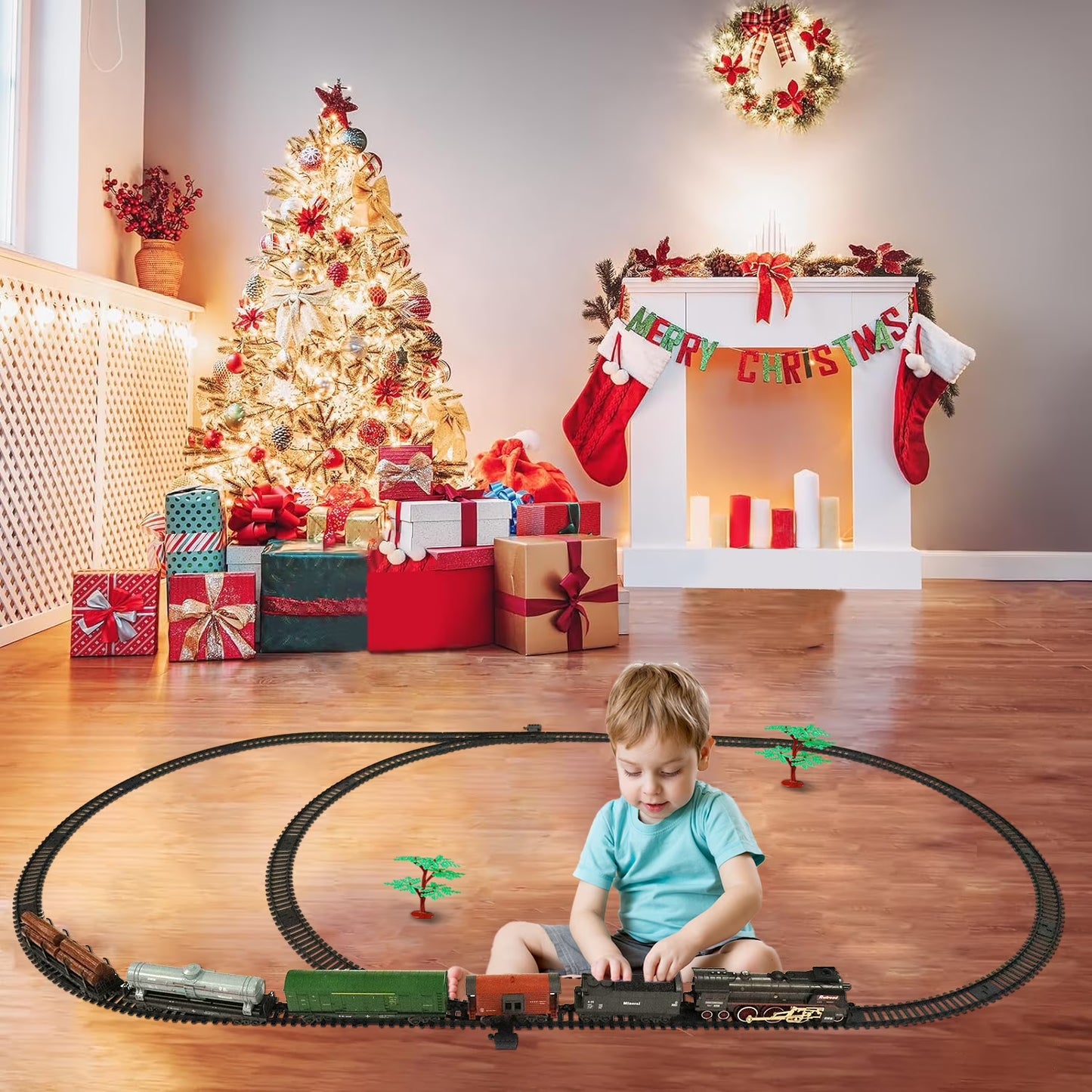 FENMING Battery Operated Steam Train Set with Smoke, Lights & 72-Inch Track Layout | Classic Railway Toy Train