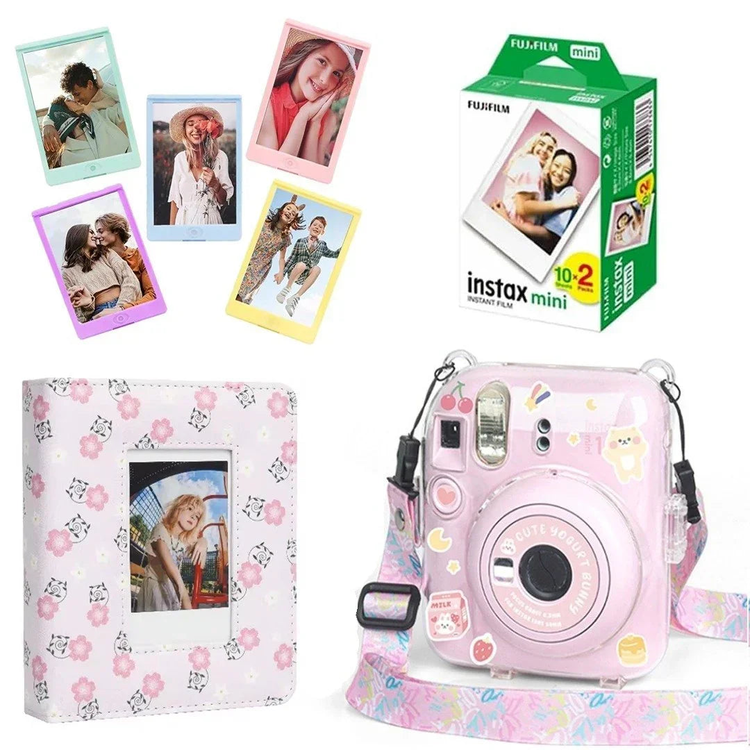 Pink Instax mini instant camera set with photo album, film pack, and colorful photo frames
