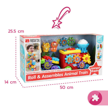 Five Star Roll & Assemble Animal Train Toy – Gear Connection Train with Light, Music & Spinning Animal Figures for Toddlers