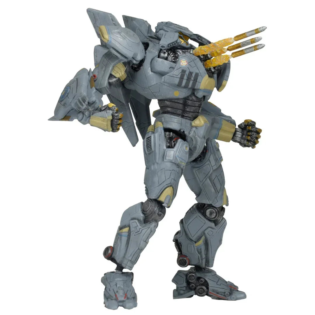 Gray robot action figure with missile launchers, detailed sci-fi collectible toy.