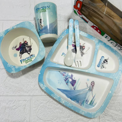 Frozen Fever kids dinnerware set with plate, bowl, cup, fork, and spoon featuring Elsa and Olaf