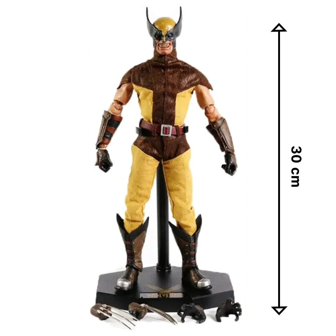 30 cm superhero action figure in yellow and brown costume with accessories on display stand