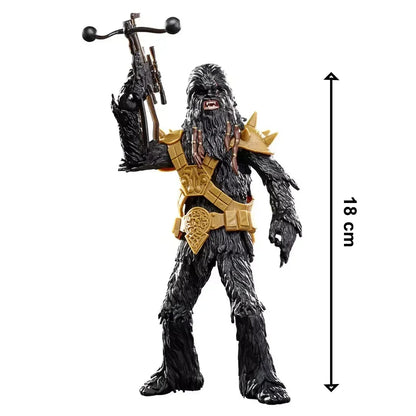 Black action figure with gold armor and crossbow, 18 cm tall, collectible toy